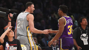 LOS ANGELES, CA - FEBRUARY 17: Larry Nance Jr. #24 of the Cleveland Cavaliers and Donovan Mitchell #45 of the Utah Jazz competes in the 2018 Verizon Slam Dunk Contest at Staples Center on February 17, 2018 in Los Angeles, California. (Photo by Kevork Djansezian/Getty Images)