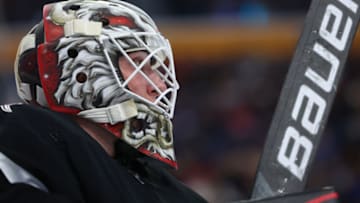 Feb 26, 2023; Buffalo, New York, USA; Buffalo Sabres goaltender Ukko-Pekka Luukkonen (1) during a stoppage in play against the Washington Capitals during the first period at KeyBank Center. Mandatory Credit: Timothy T. Ludwig-USA TODAY Sports