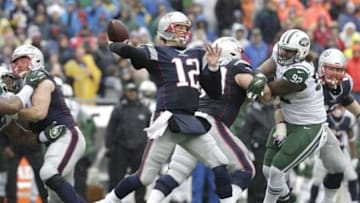 Dec 24, 2016; Foxborough, MA, USA; New England Patriots quarterback Tom Brady (12) throws the ball against the New York Jets in the second quarter at Gillette Stadium. Mandatory Credit: David Butler II-USA TODAY Sports
