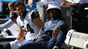 OAKLAND, CALIFORNIA - AUGUST 10: Todd Gurley #30 of the Los Angeles Rams sits on the bench during their NFL preseason game against the Oakland Raiders at RingCentral Coliseum on August 10, 2019 in Oakland, California. (Photo by Robert Reiners/Getty Images)