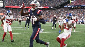 Aug 11, 2022; Foxborough, Massachusetts, USA; New England Patriots wide receiver Tyquan Thornton (11) catches a touchdown against the New York Giants during the first half of a preseason game at Gillette Stadium. Mandatory Credit: Eric Canha-USA TODAY Sports