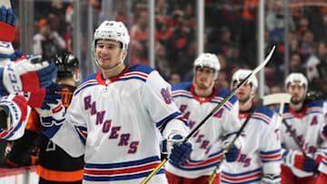 PHILADELPHIA, PA - MARCH 31: Pavel Buchnevich #89 of the New York Rangers celebrates a first period goal against the Philadelphia Flyers on March 31, 2019 at the Wells Fargo Center in Philadelphia, Pennsylvania. (Photo by Len Redkoles/NHLI via Getty Images)