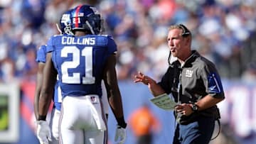 Sep 25, 2016; East Rutherford, NJ, USA; New York Giants defensive coordinator Steve Spagnuolo talks with New York Giants safety Landon Collins (21) and New York Giants corner back Janoris Jenkins (20) during the fourth quarter against the Washington Redskins at MetLife Stadium. Mandatory Credit: Brad Penner-USA TODAY Sports