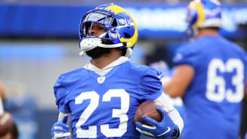 INGLEWOOD, CALIFORNIA - JUNE 10: Cam Akers #23 of the Los Angeles Rams runs with the ball during open practice at SoFi Stadium on June 10, 2021 in Inglewood, California. (Photo by Katelyn Mulcahy/Getty Images)