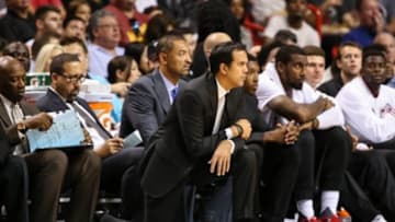 Nov 1, 2015; Miami, FL, USA; Miami Heat head coach Erik Spoelstra looks on during the first half against the Houston Rockets at American Airlines Arena. Mandatory Credit: Steve Mitchell-USA TODAY Sports