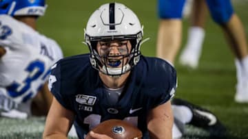 STATE COLLEGE, PA - SEPTEMBER 07: Sean Clifford #14 of the Penn State Nittany Lions lays in the end zone after running 59 yards and being tackled at the one yard line against the Buffalo Bulls during the second half at Beaver Stadium on September 07, 2019 in State College, Pennsylvania. (Photo by Scott Taetsch/Getty Images)