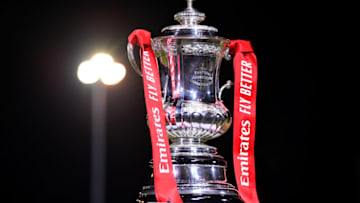 MALDON, ENGLAND - NOVEMBER 29: The FA Cup trophy is seen ahead the FA Cup Second Round match between Maldon and Tiptree FC abd Newport County AFC at The Wallace Binder Ground on November 29, 2019 in Maldon, England. (Photo by Justin Setterfield/Getty Images)