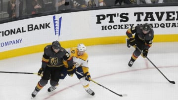 LAS VEGAS, NV - OCTOBER 15: Vegas Golden Knights defenseman Brayden McNabb (3) and Nashville Predators center Matt Duchene (95) in action during the second period of a regular season game between the Nashville Predators and the Vegas Golden Knights Tuesday, Oct. 15, 2019, at T-Mobile Arena in Las Vegas, Nevada. (Photo by: Marc Sanchez/Icon Sportswire via Getty Images)