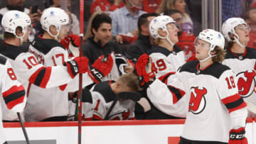 Sep 29, 2021; Washington, District of Columbia, USA; New Jersey Devils center Dawson Mercer (18) celebrates with teammates after scoring a goal against the Washington Capitals during the third period at Capital One Arena. Mandatory Credit: Geoff Burke-USA TODAY Sports