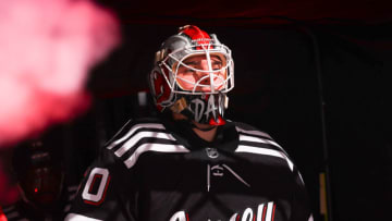 Nico Daws #50 of the New Jersey Devils enters the ice prior to the gme against the St. Louis Blues on March 6, 2022 at the Prudential Center in Newark, New Jersey. (Photo by Rich Graessle/Getty Images)