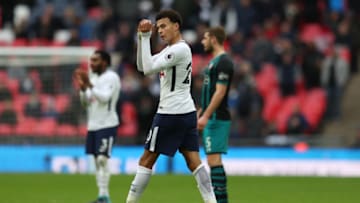 LONDON, ENGLAND - DECEMBER 26: Dele Alli of Tottenham Hotspur applauds during the Premier League match between Tottenham Hotspur and Southampton at Wembley Stadium on December 26, 2017 in London, England. (Photo by Catherine Ivill/Getty Images)