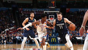 JANUARY 27: Luka Doncic #77 of the Dallas Mavericks handles ball against OKC Thunder (Photo by Zach Beeker/NBAE via Getty Images)