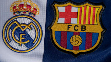 Real Madrid and Barcelona club crests. (Photo by Visionhaus)