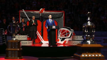 Feb 9, 2016; Newark, NJ, USA; New Jersey Devils winger Patrik Elias speaks during the number retirement ceremony for former New Jersey Devils goaltender Martin Brodeur at Prudential Center. Mandatory Credit: Ed Mulholland-USA TODAY Sports