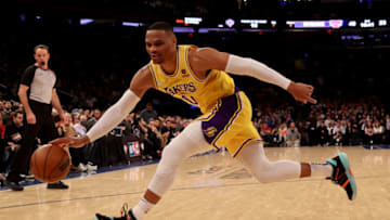 NEW YORK, NEW YORK - NOVEMBER 23: Russell Westbrook #0 of the Los Angeles Lakers chases after the ball in the first half against the New York Knicks at Madison Square Garden on November 23, 2021 in New York City. NOTE TO USER: User expressly acknowledges and agrees that, by downloading and or using this photograph, User is consenting to the terms and conditions of the Getty Images License Agreement. (Photo by Elsa/Getty Images)