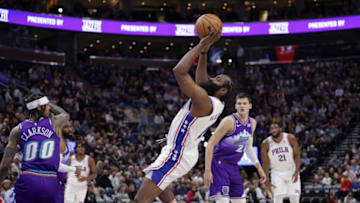 Jan 14, 2023; Salt Lake City, Utah, USA; Philadelphia 76ers guard James Harden (1) shoots an off balanced shot after getting fouled during the first quarter against the Utah Jazz at Vivint Arena. Mandatory Credit: Chris Nicoll-USA TODAY Sports