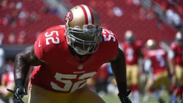 August 24, 2014; Santa Clara, CA, USA; San Francisco 49ers inside linebacker Patrick Willis (52) warms up before the game against the San Diego Chargers at Levi