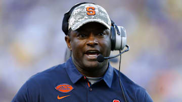 BATON ROUGE, LA - SEPTEMBER 23: Head coach Dino Babers of the Syracuse Orange reacts during the first half of a game against the LSU Tigers at Tiger Stadium on September 23, 2017 in Baton Rouge, Louisiana. (Photo by Jonathan Bachman/Getty Images)