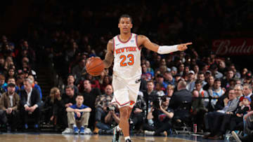 NEW YORK, NY - APRIL 6: Trey Burke #23 of the New York Knicks moves up court during the game against the Miami Heat on April 6, 2018 at Madison Square Garden in New York City, New York. NOTE TO USER: User expressly acknowledges and agrees that, by downloading and or using this photograph, User is consenting to the terms and conditions of the Getty Images License Agreement. Mandatory Copyright Notice: Copyright 2018 NBAE (Photo by Nathaniel S. Butler/NBAE via Getty Images)