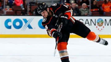 ANAHEIM, CA - JANUARY 21: Kevin Bieksa #3 of the Anaheim Ducks dumps the puck during the game against the San Jose Sharks on January 21, 2018 at Honda Center in Anaheim, California. (Photo by Debora Robinson/NHLI via Getty Images)