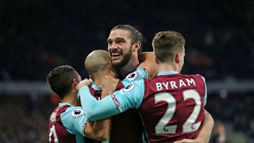 STRATFORD, ENGLAND - JANUARY 14: West Ham United's Sofiane Feghouli celebrates scoring his sides first goal with Sam Byram, Andy Carroll and Manuel Lanzini during the Premier League match between West Ham United and Crystal Palace at London Stadium on January 14, 2017 in Stratford, England. (Photo by Rob Newell - CameraSport via Getty Images)