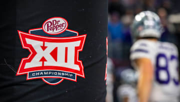 Dec 3, 2022; Arlington, TX, USA; A view of the Big 12 conference championship logo as Kansas State Wildcats warms up before the game between the TCU Horned Frogs and the Kansas State Wildcats at AT&T Stadium. Mandatory Credit: Jerome Miron-USA TODAY Sports