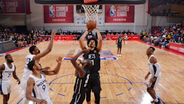 LAS VEGAS, NV - JULY 9: Jarrett Allen #31 of the Brooklyn Nets shoots the ball during the game against the Minnesota Timberwolves during the 2018 Las Vegas Summer League on July 9, 2018 at the Cox Pavilion in Las Vegas, Nevada. NOTE TO USER: User expressly acknowledges and agrees that, by downloading and/or using this photograph, user is consenting to the terms and conditions of the Getty Images License Agreement. Mandatory Copyright Notice: Copyright 2018 NBAE (Photo by Bart Young/NBAE via Getty Images)