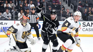 LOS ANGELES, CA - SEPTEMBER 19: Goaltender Oscar Dansk #35 and Jimmy Schuldt #4 of the Vegas Golden Knights battle for position with Michael Eyssimont #48 of the Los Angeles Kings during the first period of the preseason game at STAPLES Center on September 19, 2012 in Los Angeles, California. (Photo by Juan Ocampo/NHLI via Getty Images)