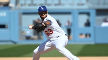 LOS ANGELES, CA - MARCH 28: Yimi Garcia #63 of the Los Angeles Dodgers throws against the Arizona Diamondbacks during the seventh inning at Dodger Stadium on March 28, 2019 in Los Angeles, California. (Photo by Kevork Djansezian/Getty Images)