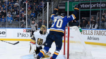 ST. LOUIS, MO - DECEMBER 12: Oskar Sundqvist #70 of the St. Louis Blues celebrates his goal against Marc-Andre Fleury #29 of the Vegas Golden Knights at Enterprise Center on December 12, 2019 in St. Louis, Missouri. (Photo by Scott Rovak/NHLI via Getty Images)
