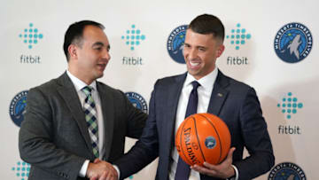 Minneapolis, MN-MAY 21: Newly named Timberwolves Head Coach Ryan Saunders got a hand shake from President of Basketball Operations Gersson Rosas following Tuesday's press conference. (Photo by Anthony Souffle/Star Tribune via Getty Images)