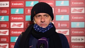 CROSBY, ENGLAND - JANUARY 10: Jose Mourinho, Manager of Tottenham Hotspur speaks to the media as he is interviewed pitch side after the FA Cup Third Round match between Marine and Tottenham Hotspur at Rossett Park on January 10, 2021 in Crosby, England. Sporting stadiums around England remain under strict restrictions due to the Coronavirus Pandemic as Government social distancing laws prohibit fans inside venues resulting in games being played behind closed doors. (Photo by Clive Brunskill/Getty Images)