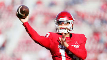 NORMAN, OK - NOVEMBER 20: Quarterback Caleb Williams #13 of the Oklahoma Sooners throws a pass before a game against the Iowa State Cyclones at Gaylord Family Oklahoma Memorial Stadium on November 20, 2021 in Norman, Oklahoma. (Photo by Brian Bahr/Getty Images)