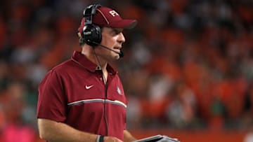 MIAMI GARDENS, FL - OCTOBER 08: Head coach Jimbo Fisher of the Florida State Seminoles looks on during a game against the Miami Hurricanes at Hard Rock Stadium on October 8, 2016 in Miami Gardens, Florida. (Photo by Mike Ehrmann/Getty Images)