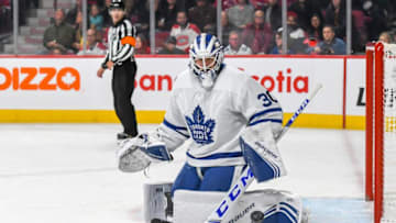 Michael Hutchinson #30 of the Toronto Maple Leafs makes a pad save against the Montreal Canadiens at Centre Bell. (Photo by Stephane Dube /Getty Images)