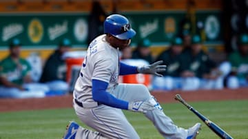 OAKLAND, CA - JUNE 08: Jorge Soler #12 of the Kansas City Royals reacts after hitting a foul ball off his foot against the Oakland Athletics during the second inning at the Oakland Coliseum on June 8, 2018 in Oakland, California. (Photo by Jason O. Watson/Getty Images)