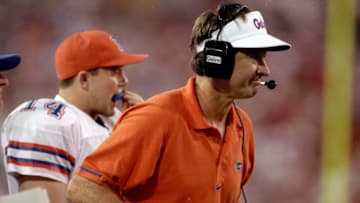 31 Oct 1998: Head coach Steve Spurrier of the Florida Gators looks on during the game against the Georgia Bulldogs at the Alltell Stadium in Jacksonville, Florida. The Gators defeated the Bulldogs 38-7.