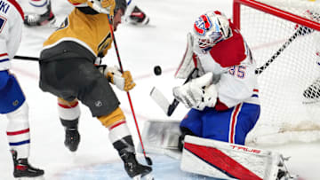 Jan 20, 2022; Las Vegas, Nevada, USA; Montreal Canadiens goaltender Sam Montembeault. Mandatory Credit: Stephen R. Sylvanie-USA TODAY Sports