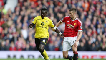 MANCHESTER, ENGLAND - APRIL 16: Idrissa Gueye of Aston Villa and Morgan Schneiderlin of Manchester United during the Barclays Premier League match between Manchester United and Aston Villa at Old Trafford on April 16, 2016 in Manchester, England (Photo by James Baylis - AMA/Getty Images)