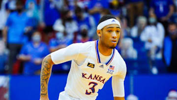 Dec 8, 2020; Lawrence, Kansas, USA; Kansas Jayhawks guard Dajuan Harris (3) dribbles against the Creighton Bluejays during the second half at Allen Fieldhouse. Mandatory Credit: Jay Biggerstaff-USA TODAY Sports
