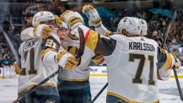 SAN JOSE, CA - APRIL 18: Vegas Golden Knights center Jonathan Marchessault (81) celebrates his goal with teammates during Game 5, Round 1 between the Vegas Golden Knights and the San Jose Sharks on Thursday, April 18, 2019 at the SAP Center in San Jose, California. (Photo by Douglas Stringer/Icon Sportswire via Getty Images)