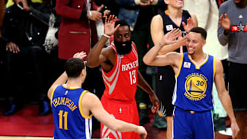 TORONTO, ON - FEBRUARY 13: Klay Thompson of the Golden State Warriors celebrates with teammate Stephen Curry and James Harden of the Houston Rockets after winning the Foot Locker Three-Point Contest during NBA All-Star Weekend 2016 at Air Canada Centre on February 13, 2016 in Toronto, Canada. NOTE TO USER: User expressly acknowledges and agrees that, by downloading and/or using this Photograph, user is consenting to the terms and conditions of the Getty Images License Agreement. (Photo by Vaughn Ridley/Getty Images)