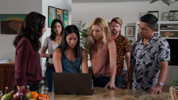 "Desperate Measures" - When Junior (Beulah Koale) is kidnapped as leverage to retrieve the stolen list of undercover CIA agents, and most of Five-0 is rounded up by the CIA to prevent them from interfering, Tani (Meaghan Rath) and Quinn (Katrina Law) ask Magnum and Higgins for their help, on MAGNUM P.I., Friday, Jan. 3 (9:00-10:00 PM, ET/PT) on the CBS Television Network. Pictured L-R: Meaghan Rath as Tani Rey, Katrina Law as Quinn, Melissa Tang as Erin, Perdita Weeks as Juliet Higgins, Zachary Knighton as Orville 'Rick' Wright, and Jay Hernandez as Thomas Magnum Photo: Karen Neal/CBS ©2019 CBS Broadcasting, Inc. All Rights Reserved