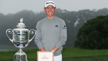 SAN FRANCISCO, CALIFORNIA - AUGUST 09: Collin Morikawa of the United States celebrates alongside the Wanamaker Trophy and an OMEGA watch after winning during the final round of the 2020 PGA Championship at TPC Harding Park on August 09, 2020 in San Francisco, California. (Photo by Tom Pennington/Getty Images)
