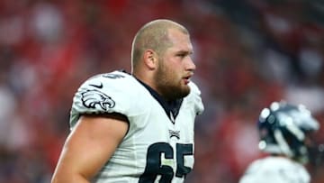 Oct 26, 2014; Glendale, AZ, USA; Philadelphia Eagles tackle Lane Johnson (65) against the Arizona Cardinals at University of Phoenix Stadium. The Cardinals defeated the Eagles 24-20. Mandatory Credit: Mark J. Rebilas-USA TODAY Sports