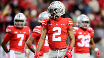 COLUMBUS, OHIO - NOVEMBER 13: Chris Olave #2 of the Ohio State Buckeyes looks on during the first half of a game against the Purdue Boilermakers at Ohio Stadium on November 13, 2021 in Columbus, Ohio. (Photo by Emilee Chinn/Getty Images)