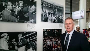 LONDON, ENGLAND - SEPTEMBER 03: World Cup legend Sir Geoff Hurst opens the new Getty Images exhibition at Wembley Stadium on September 3, 2014 in London, England. The new Getty Images exhibition at Wembley Stadium connected by EE showcases over a century of historic events and memories at the national stadium. The exhibition - which features over 100 images from the venues unparalleled history - is free as part of the Wembley Tour and to Club Wembley members on event days, with members of the public able to visit from tomorrow (4 September) (Photo by Miles Willis - The FA/The FA via Getty Images)