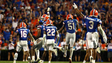 Sep 3, 2022; Gainesville, Florida, USA; Florida Gators linebacker Amari Burney (2) celebrates with linebacker Ventrell Miller (51) and teammates after he intercepted the ball against the Utah Utes during the second half at Steve Spurrier-Florida Field. Mandatory Credit: Kim Klement-USA TODAY Sports