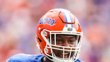 GAINESVILLE, FLORIDA - SEPTEMBER 18: Gervon Dexter #9 of the Florida Gators looks on during the second half of a game against the Alabama Crimson Tide at Ben Hill Griffin Stadium on September 18, 2021 in Gainesville, Florida. (Photo by James Gilbert/Getty Images)