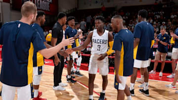 LAS VEGAS, NV - JULY 6: Aaron Holiday #3 of the Indiana Pacers is introduced before the game against the Houston Rockets during the 2018 Las Vegas Summer League on July 6, 2018 at the Cox Pavilion in Las Vegas, Nevada. NOTE TO USER: User expressly acknowledges and agrees that, by downloading and/or using this photograph, user is consenting to the terms and conditions of the Getty Images License Agreement. Mandatory Copyright Notice: Copyright 2018 NBAE (Photo by David Dow/NBAE via Getty Images)